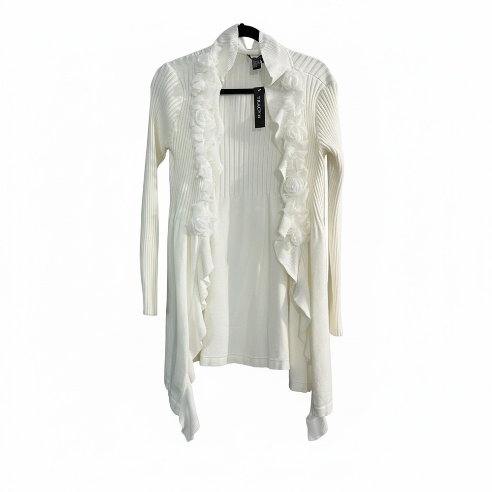 NWT Tracy M White Open Cardigan Ribbed Knit Ruffled Floral Accent Sz M Feminine